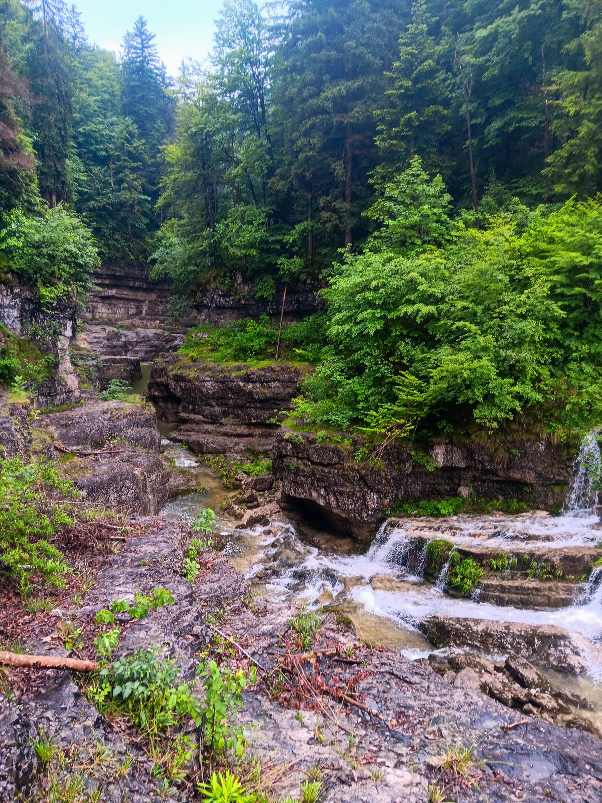 Kaskadenartiger Wasserfall im Wald entlang der Almbach-Route